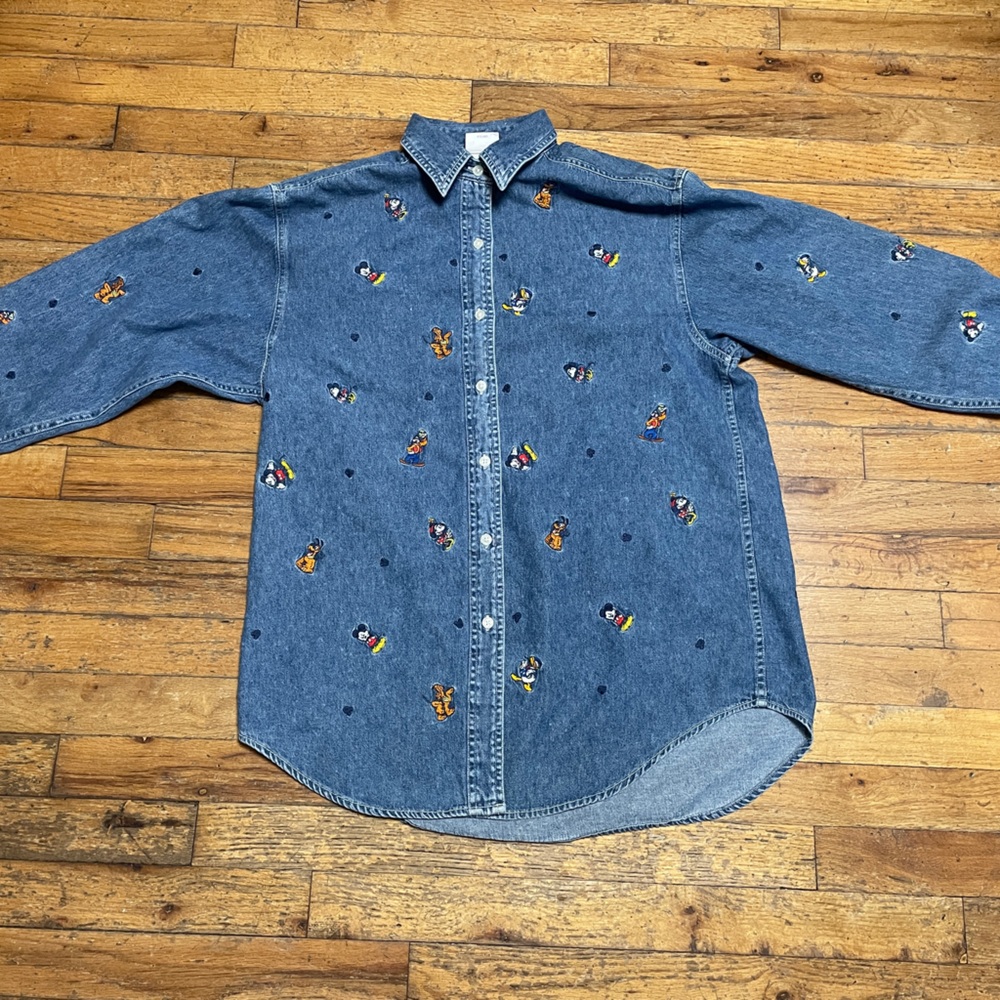 Disney Blue Denim Vintage Embroidered Characters Long Sleeve Shirt Size L
